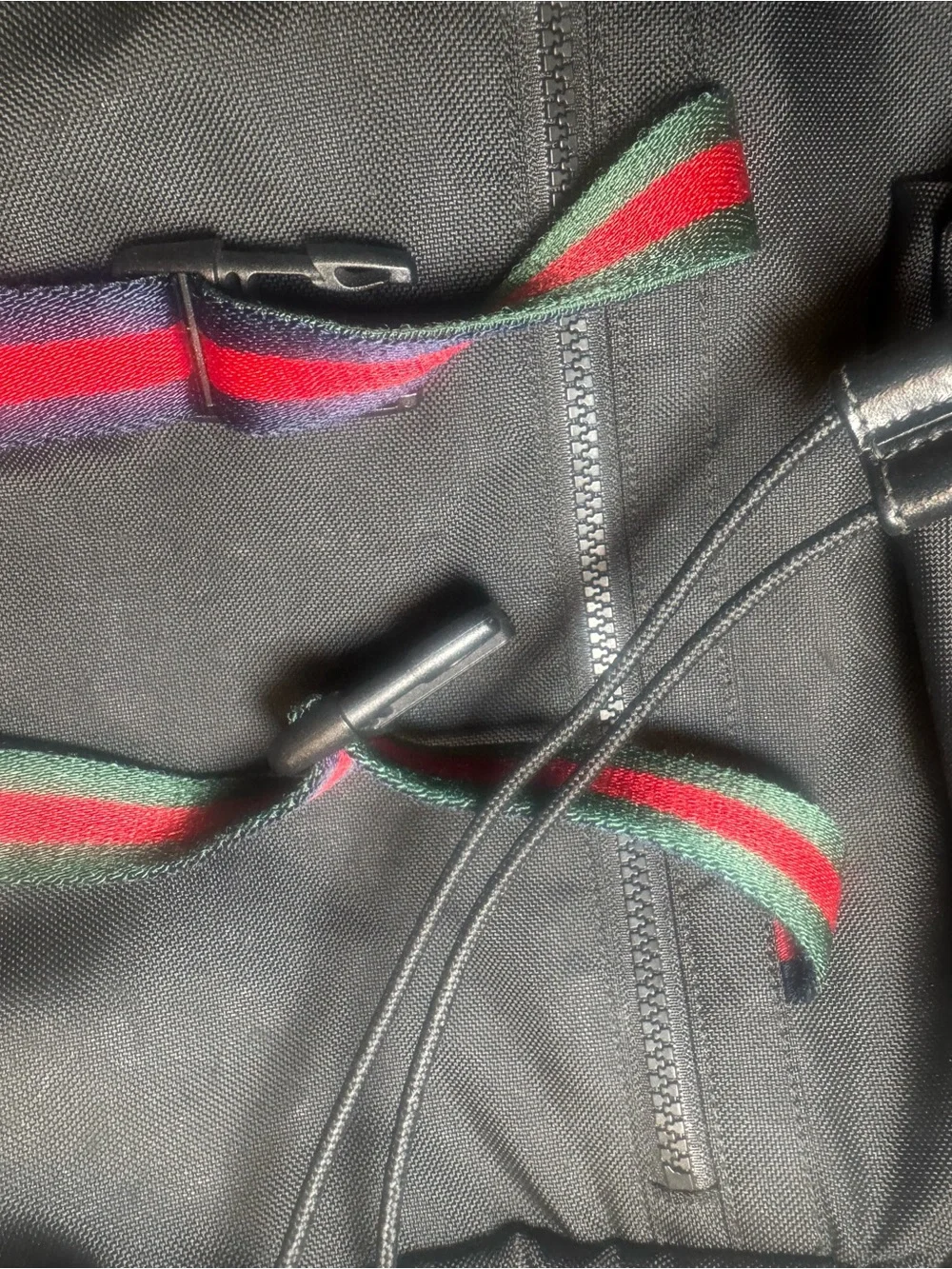Gucci Black Canvas Backpack with Red and Green Stripe Accents